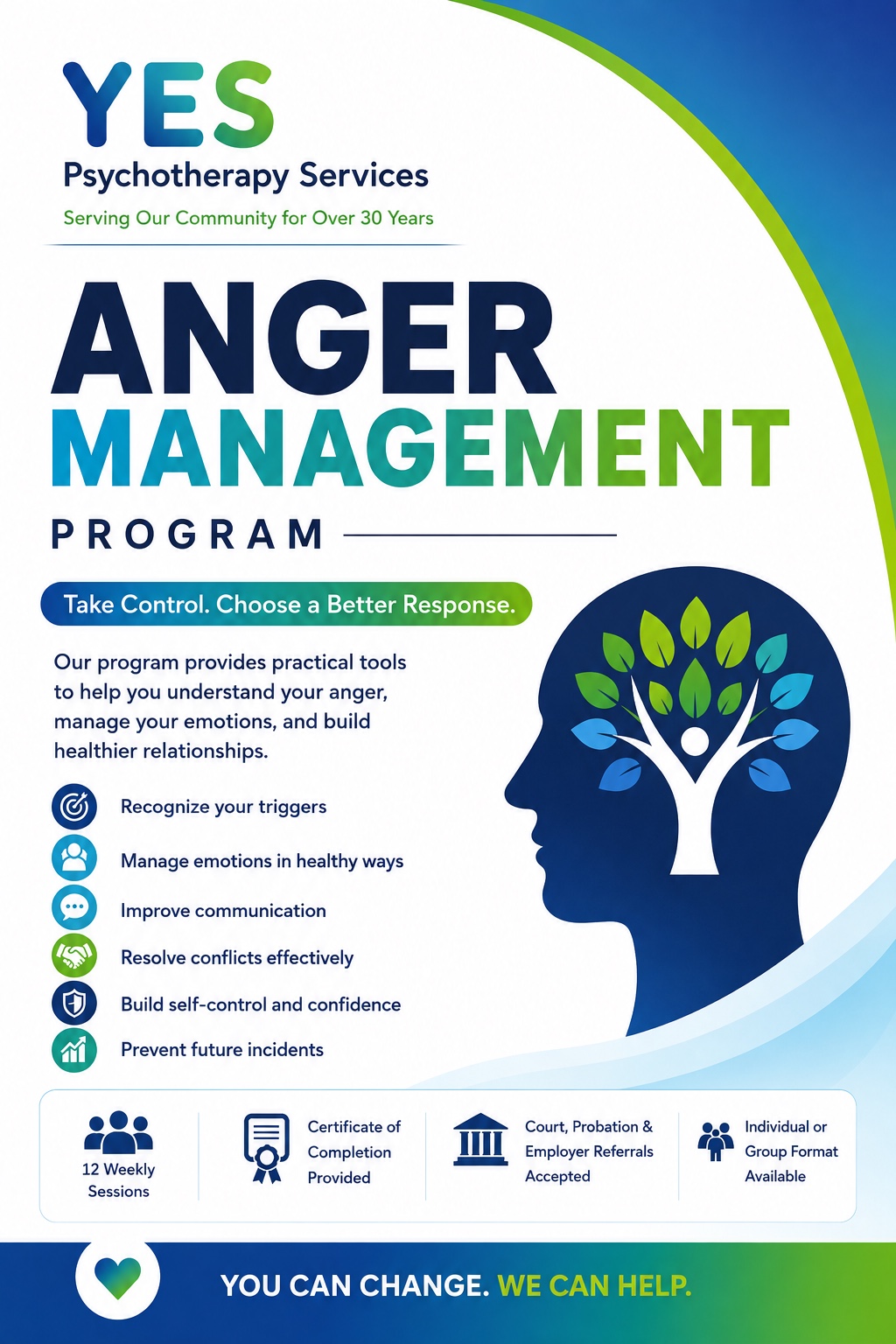 YES Psychotherapy Anger Management Program flyer