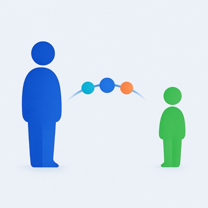 Abstract illustration of an adult figure and a child figure far apart, joined across the gap by an arc of small circles.