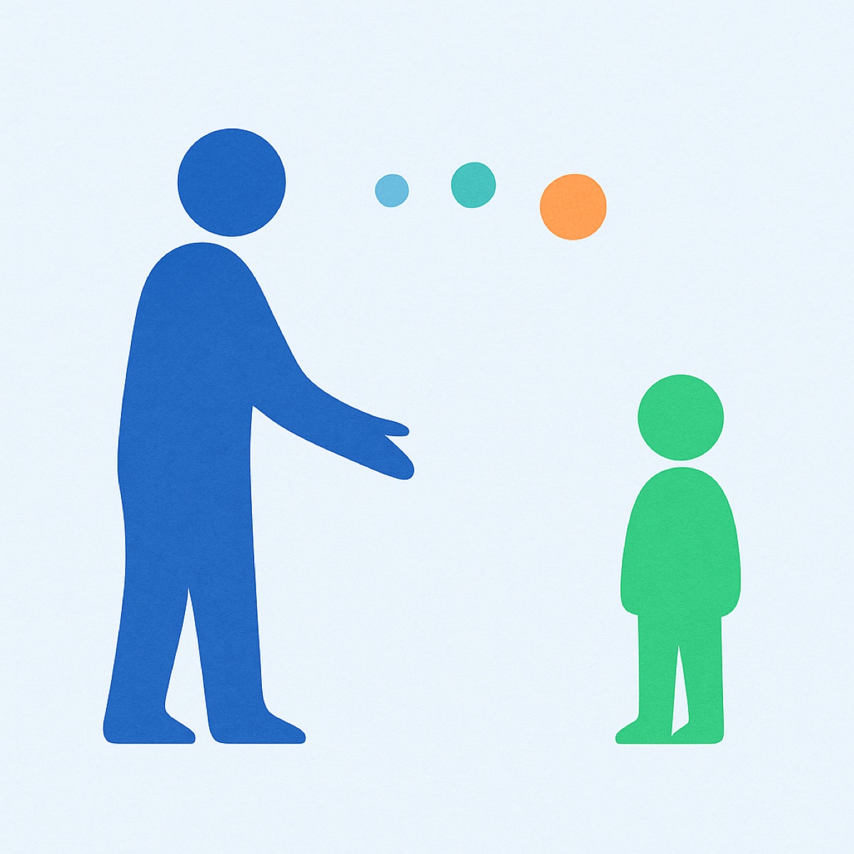 Abstract illustration of an adult figure turned toward a child figure with an open hand, warm attention rising between them as a row of circles.