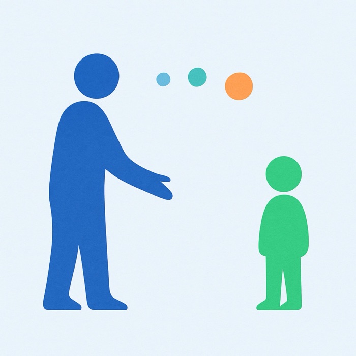 Abstract illustration of an adult figure turned toward a child figure with an open hand, warm attention rising between them as a row of circles.