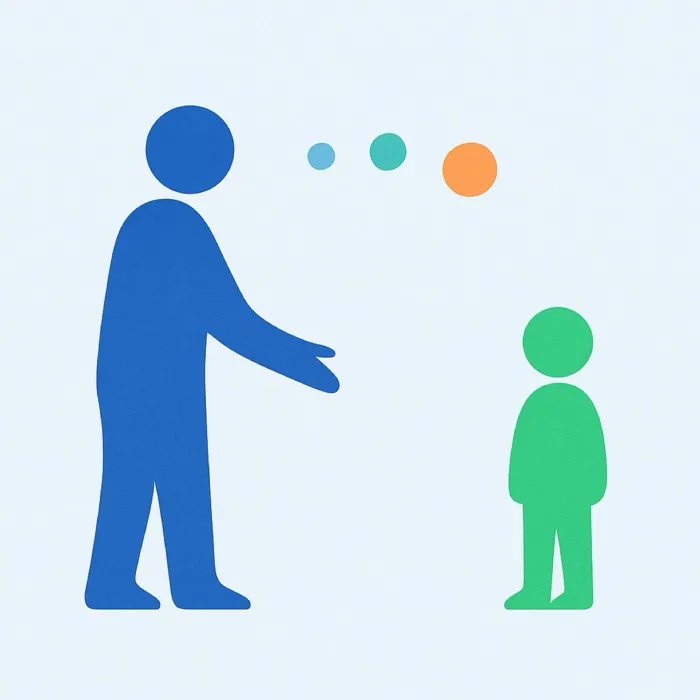 Ilustración abstracta de una figura adulta vuelta hacia una figura infantil con la mano abierta, y una hilera de círculos que representa la atención entre ambas.