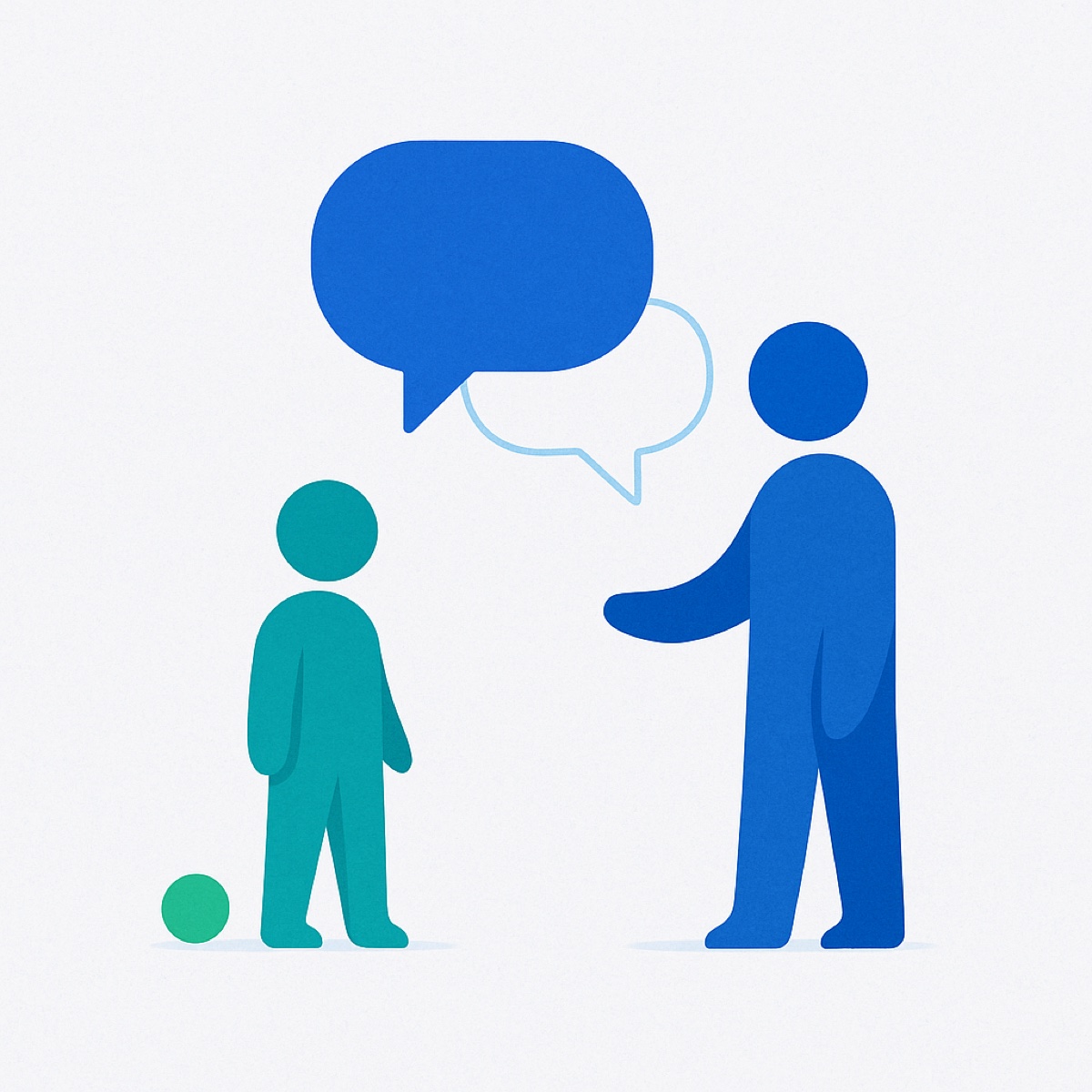 Abstract illustration of a child figure and an adult figure with two overlapping speech bubbles above them, one solid and one an offset outline.