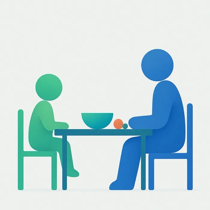 Ilustración abstracta de una figura infantil y una adulta sentadas a una mesa pequeña con un plato entre las dos.