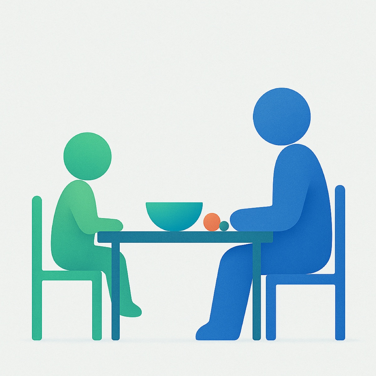 Abstract illustration of a child figure and an adult figure seated across a small table with a bowl between them.