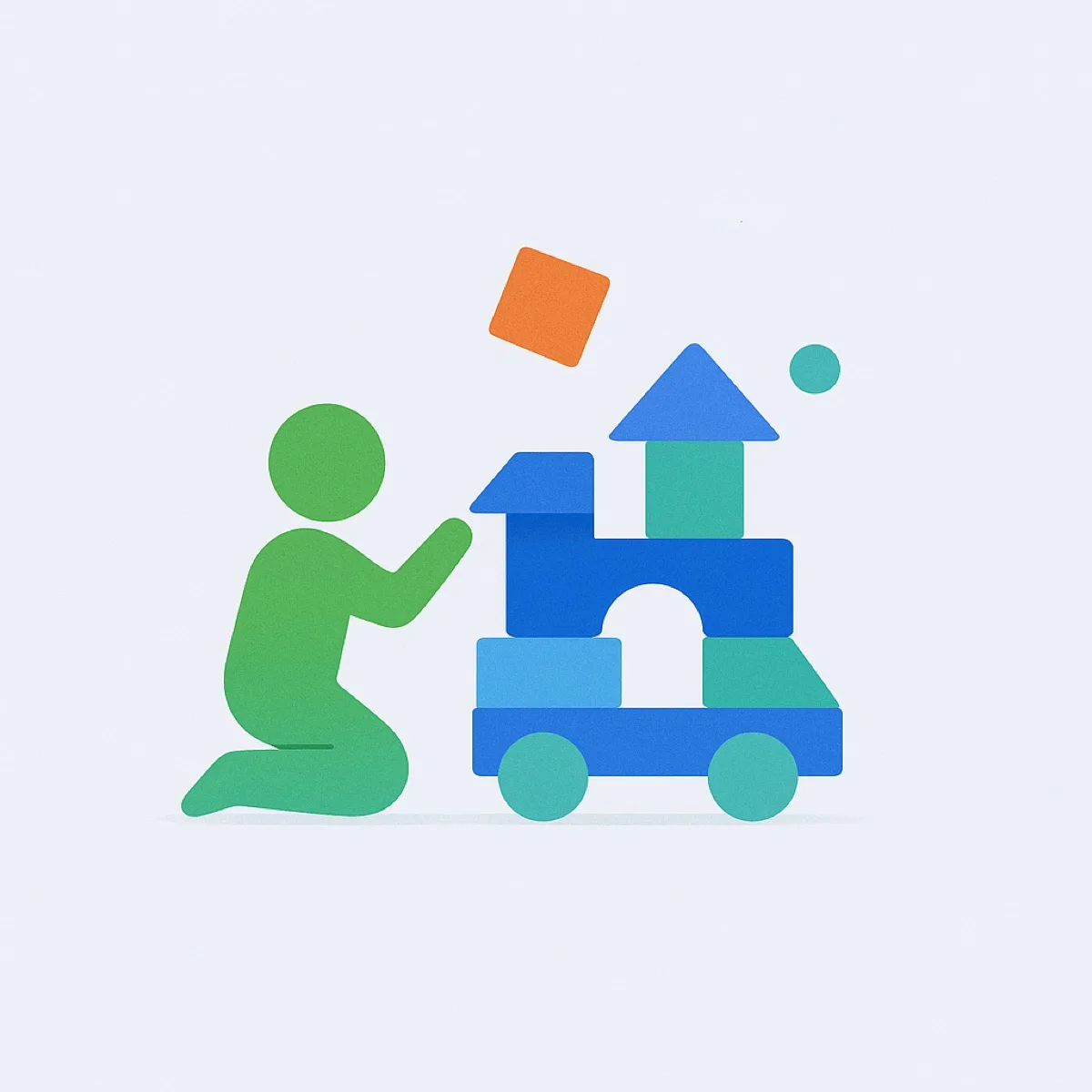 Ilustración abstracta de una figura infantil arrodillada junto a una torre de bloques geométricos armada con forma de vehículo.