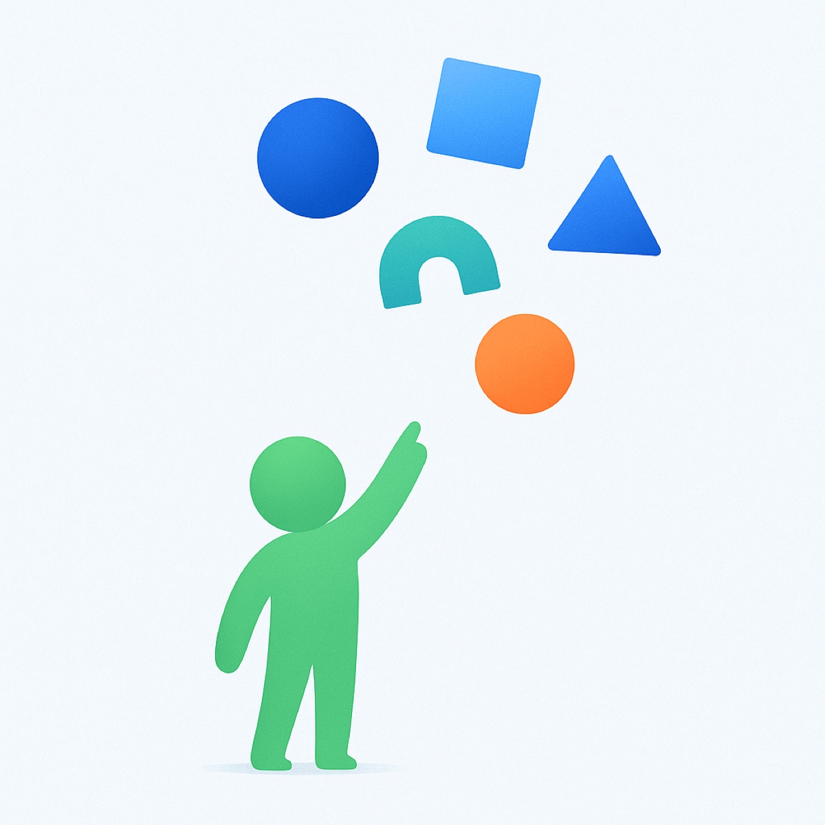 Abstract illustration of a child figure reaching up toward a loose cluster of floating geometric shapes.