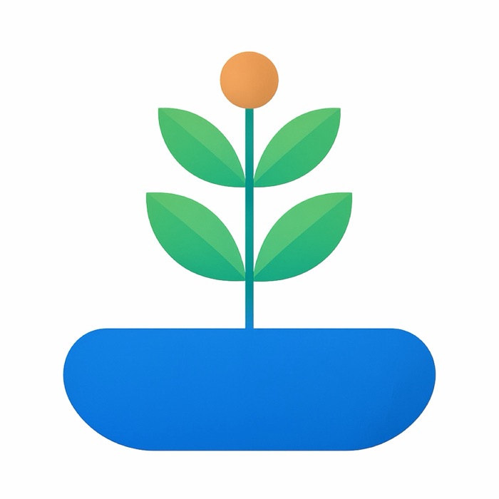 Abstract illustration of a simple plant growing from a broad solid base, upright and strong.