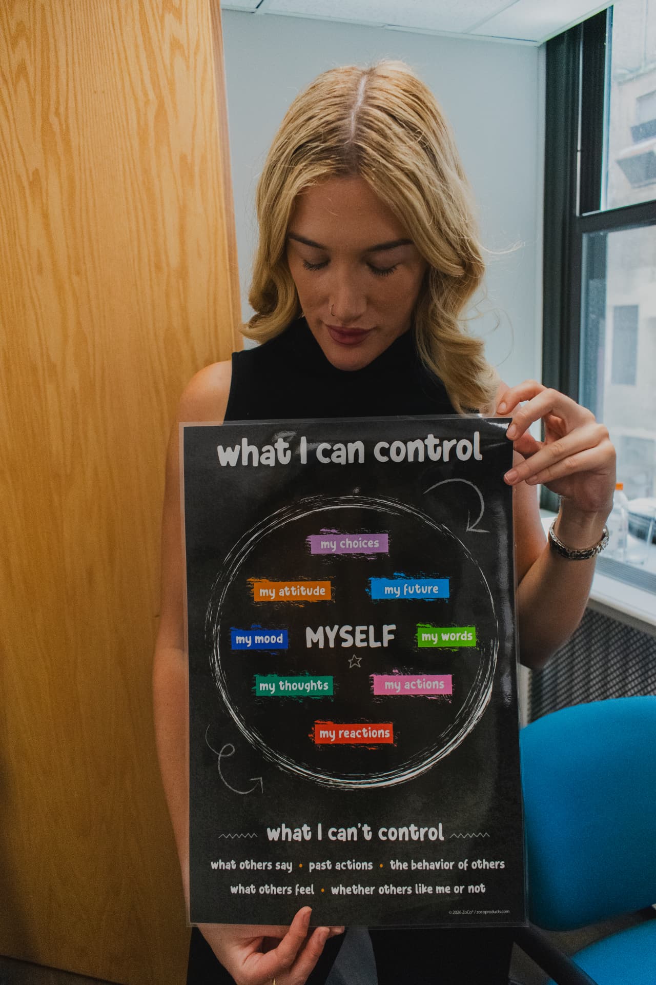 Clinician holding a 'what I can control' therapy poster