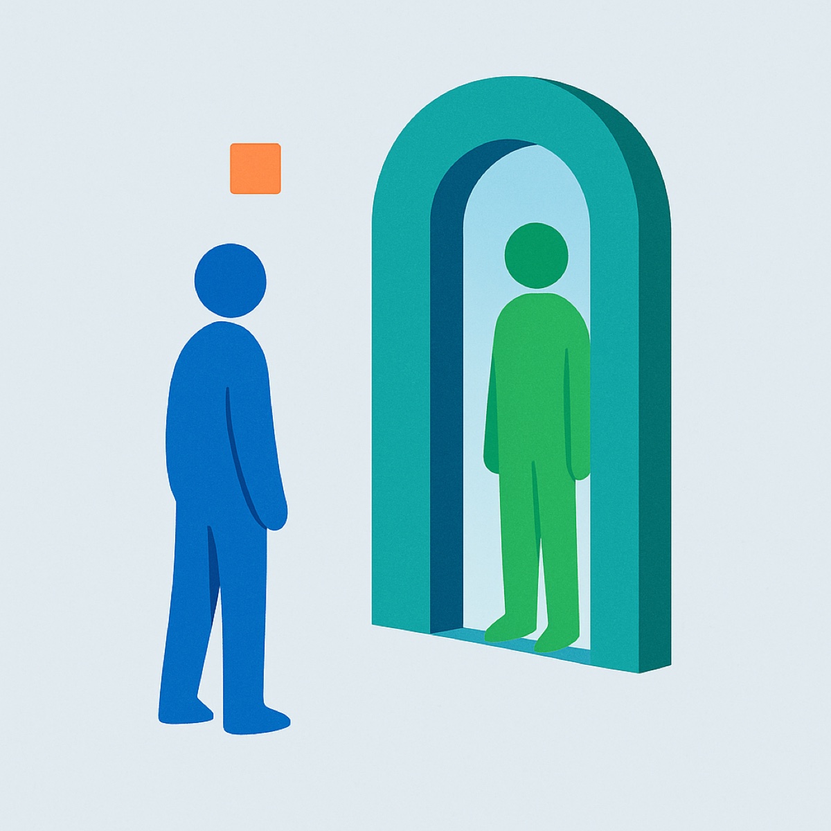 Abstract illustration of a young figure standing inside a tall arched doorway left ajar, with an adult figure waiting at a respectful distance.