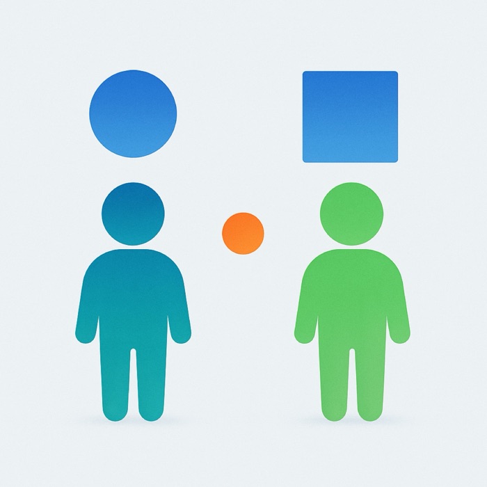 Abstract illustration of two child figures of equal height, each with its own shape of equal size floating above it.
