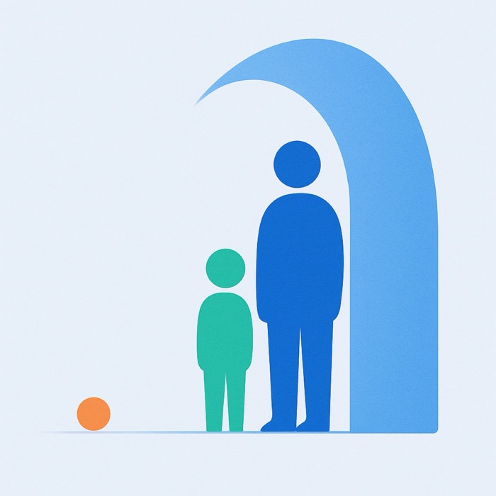 Abstract illustration of an adult figure and a child figure standing together under a sheltering arch, with open space beside them.