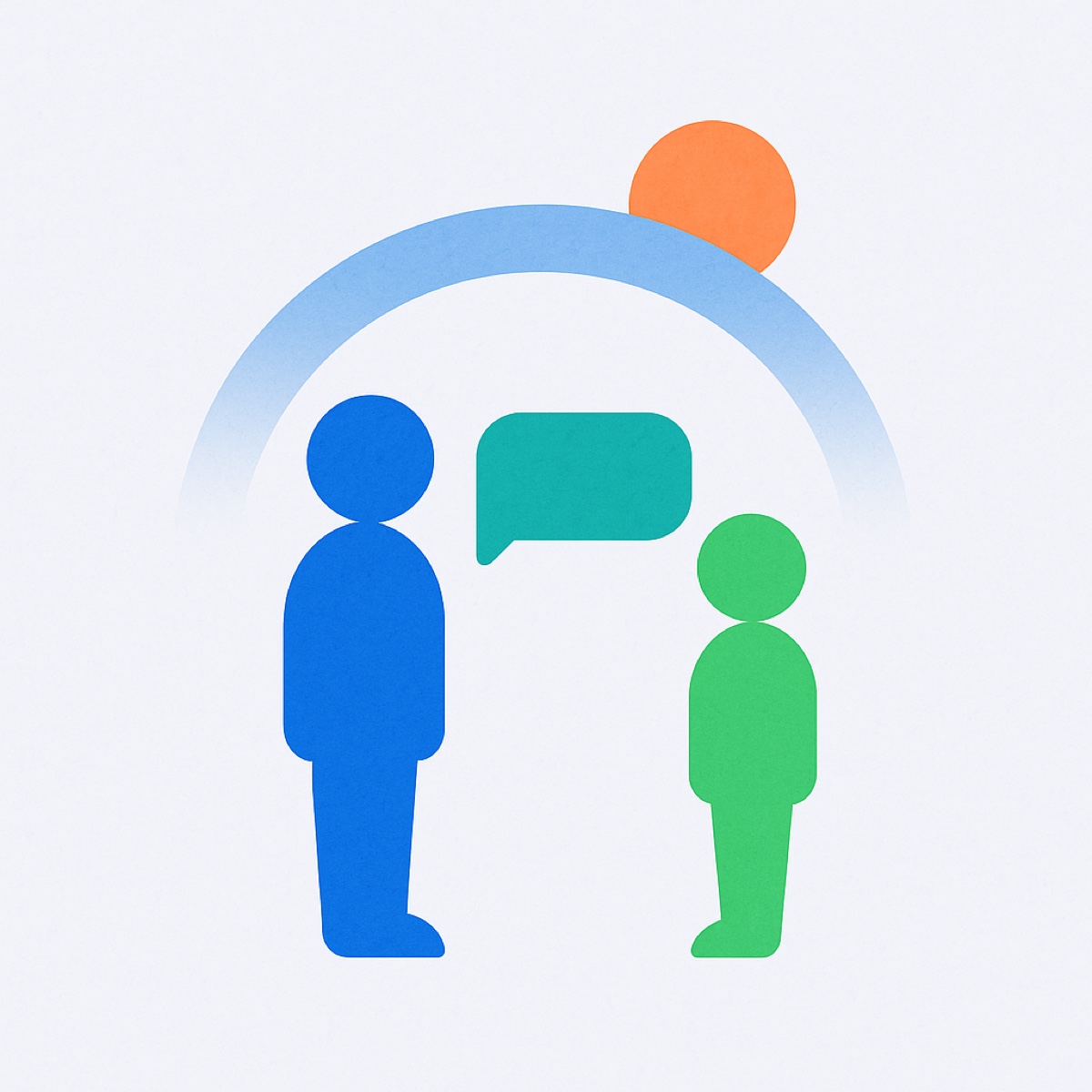 Abstract illustration of an adult figure and a child figure facing each other with a single speech bubble between them, under a sheltering arch.