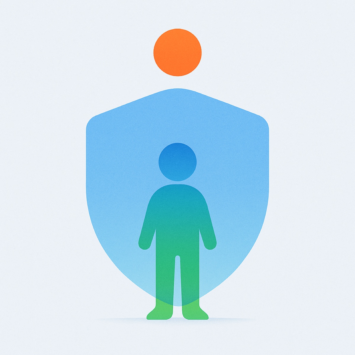 Abstract illustration of a small child figure standing behind a large semi-transparent shield shape, still visible through it.