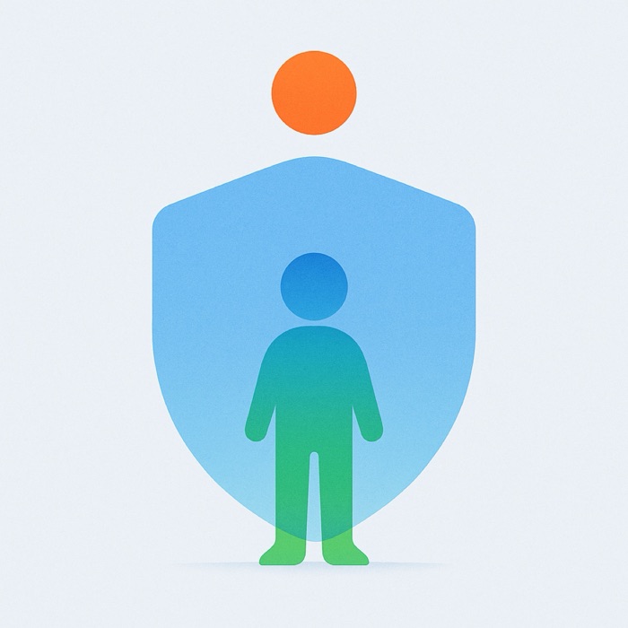 Abstract illustration of a small child figure standing behind a large semi-transparent shield shape, still visible through it.