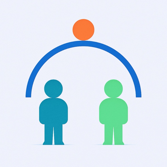 Abstract illustration of two child figures of equal height under a single arc that reaches each of them by exactly the same amount.