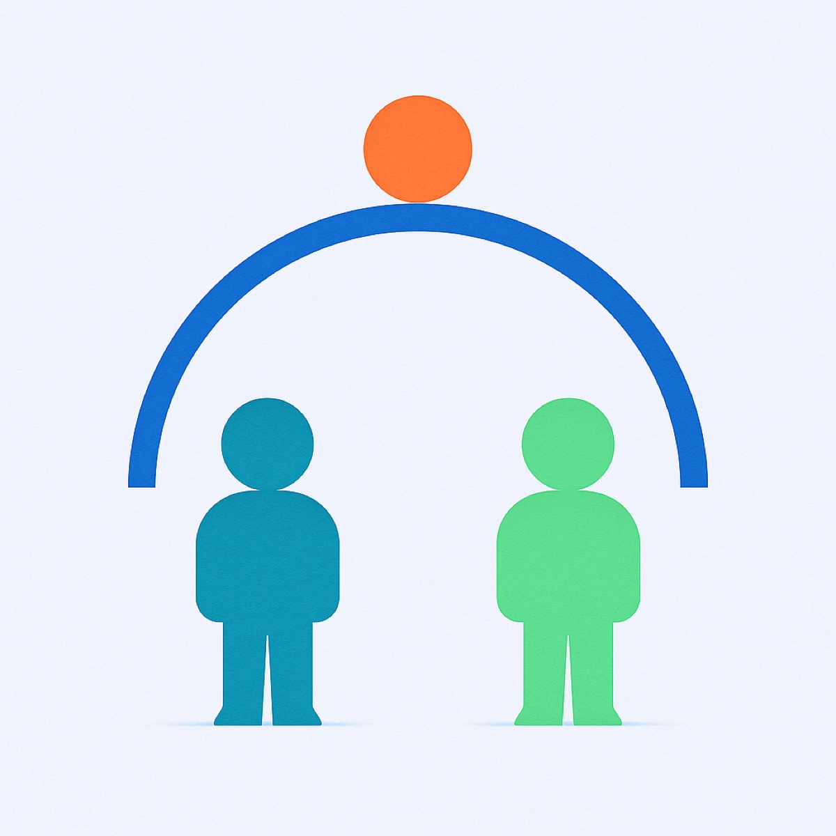 Abstract illustration of two child figures of equal height under a single arc that reaches each of them by exactly the same amount.