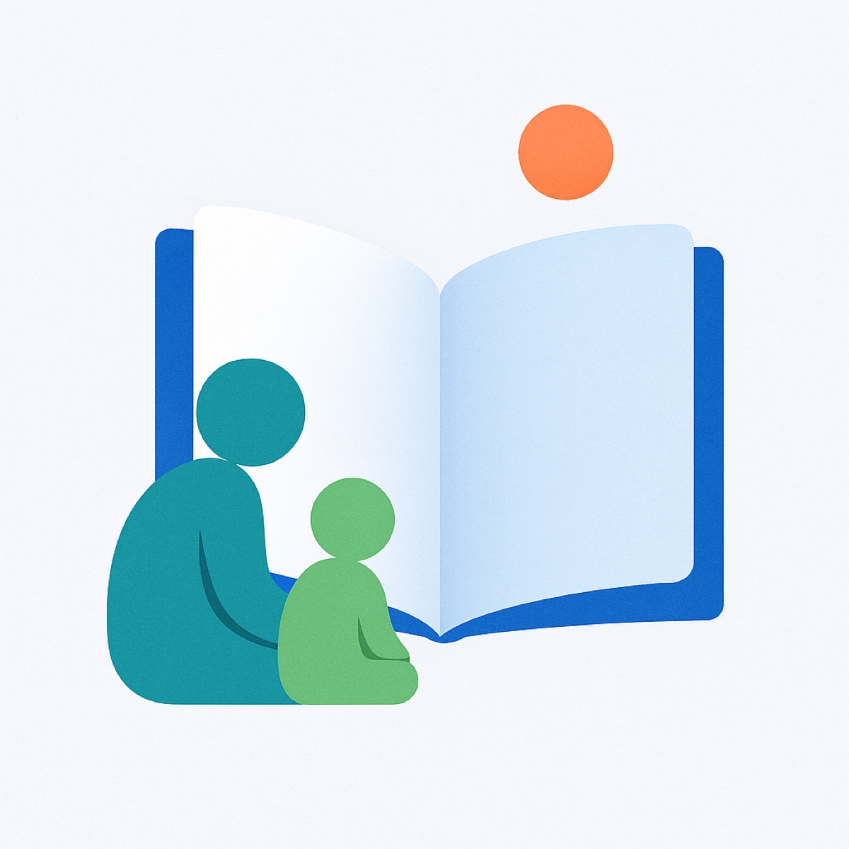 Abstract illustration of a large open book with blank pages, a child figure seated beside it and a supporting arc behind.