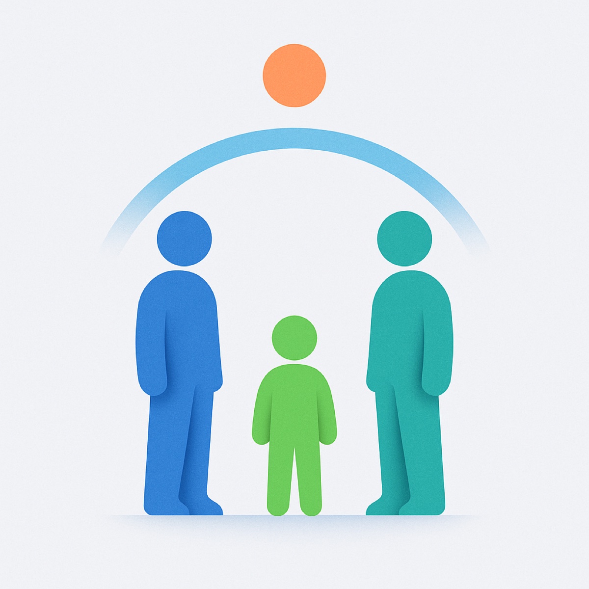 Abstract illustration of two adult figures turned toward each other with a child figure between them, all three under one arc.