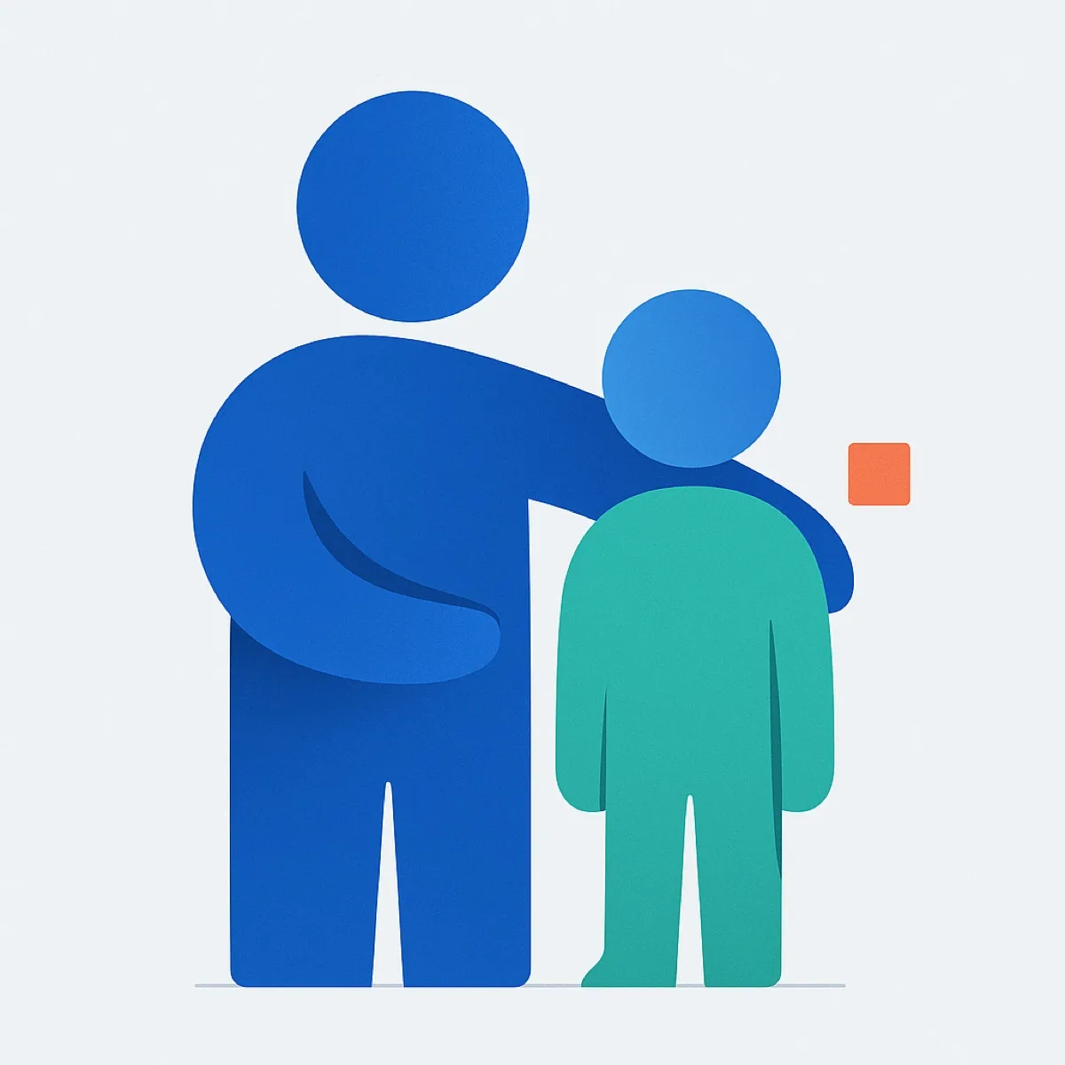Ilustración abstracta de una figura adulta con la mano apoyada en el hombro de una figura infantil, en la paleta azul y verde de la práctica.