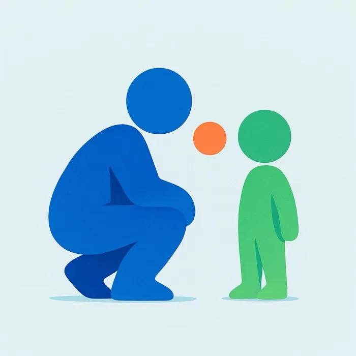 Ilustración abstracta de una figura adulta agachada hasta quedar a la misma altura que una figura infantil, mirándose de frente.
