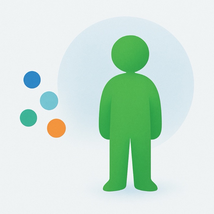 Abstract illustration of a child figure standing steady inside a soft halo, with small sharp shapes glancing away from it.