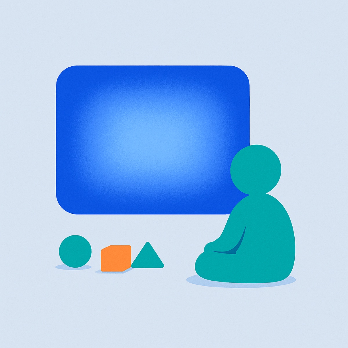 Abstract illustration of a child figure seated before a large glowing screen shape, with play shapes left untouched behind it.