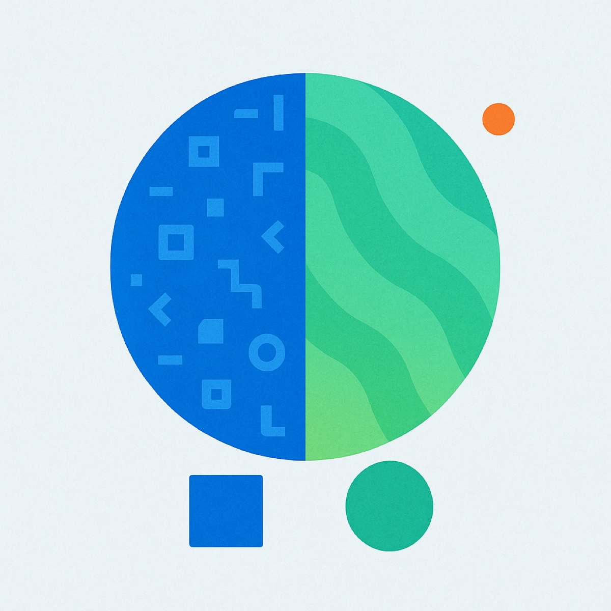 Abstract illustration of a circle split into two equal halves, one filled with a tidy square grid and the other with soft flowing curves.