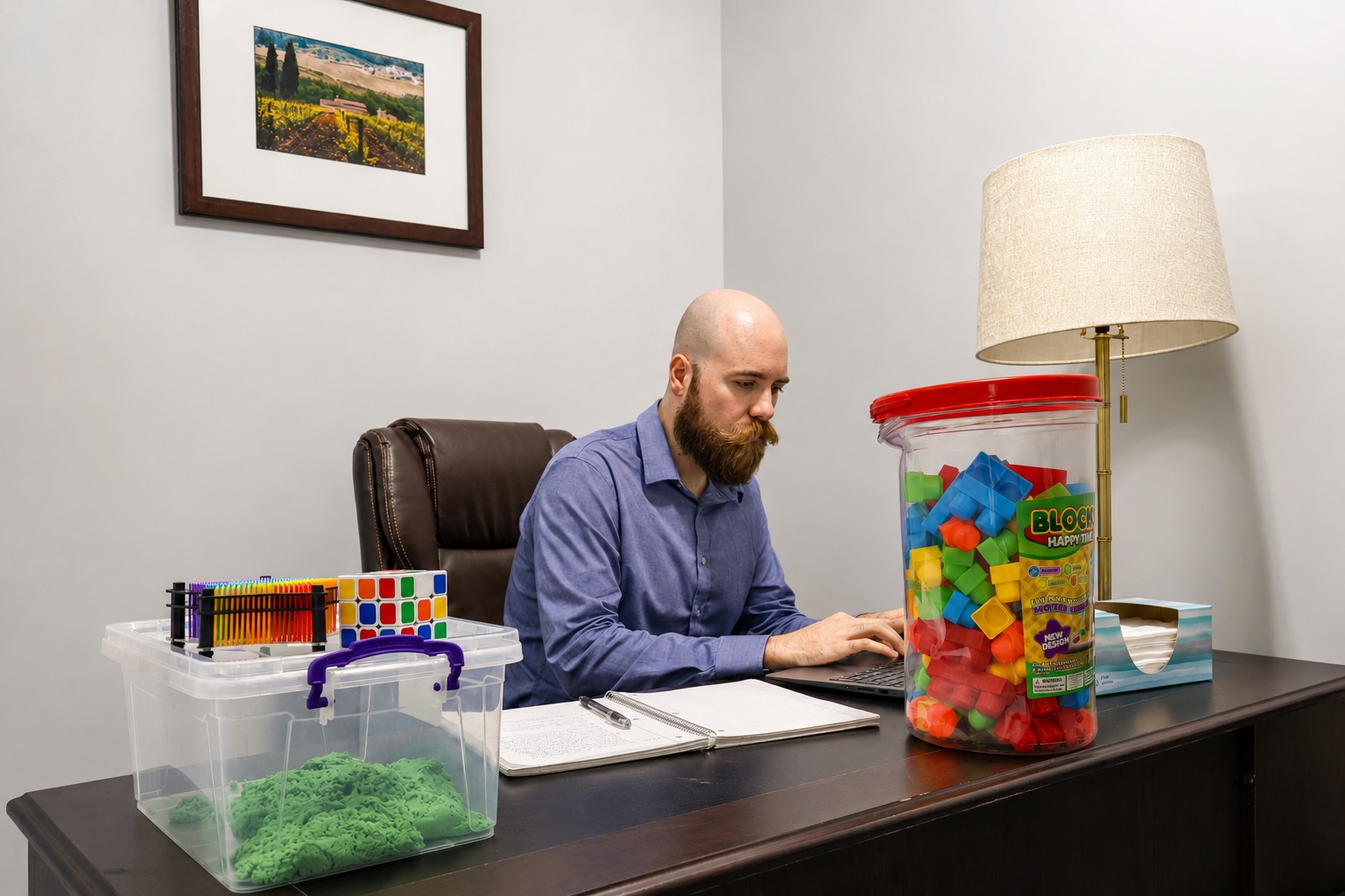 Child and adolescent therapist preparing play-therapy materials at his desk